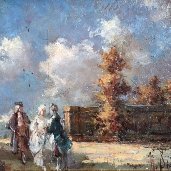Image 1 of Gallant Scene, Oil Painting on Board Signed N. Sidoli, Italy Early 20th Century