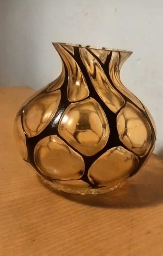 Beautiful Hand-Blown Studio Art Glass Vase, Amber & Black Web Pattern (photo 5 of 5)
