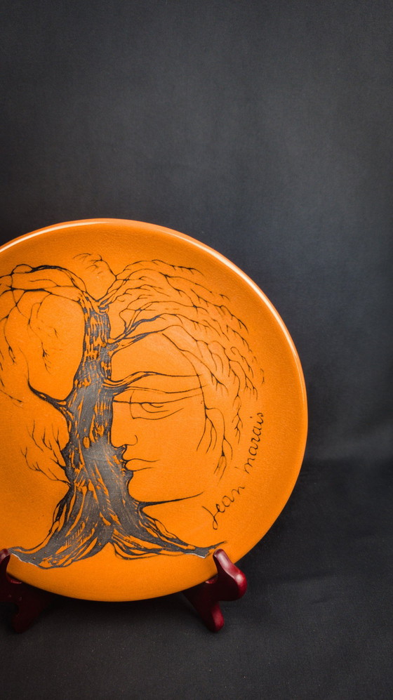 Image 1 of Assiette En Céramique Vernissée Signée Jean Marais Visage & Arbre Vallauris