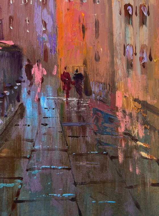 Image 1 of Original Oil Painting Evening Bridge Landscape Streets of the city at night