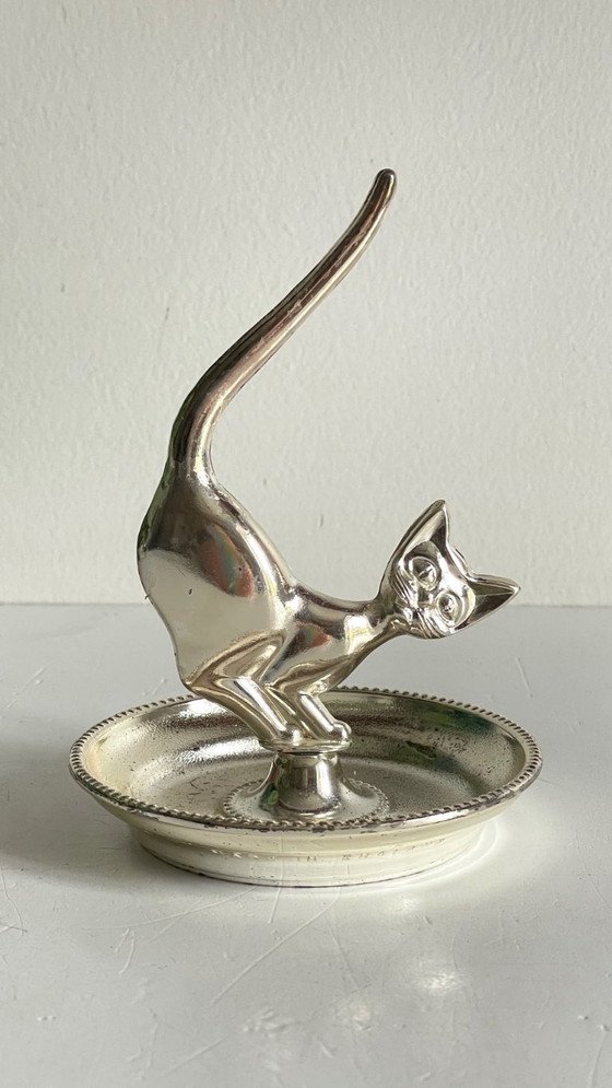 Image 1 of Zilverkleurig metalen katten sieradenbakje