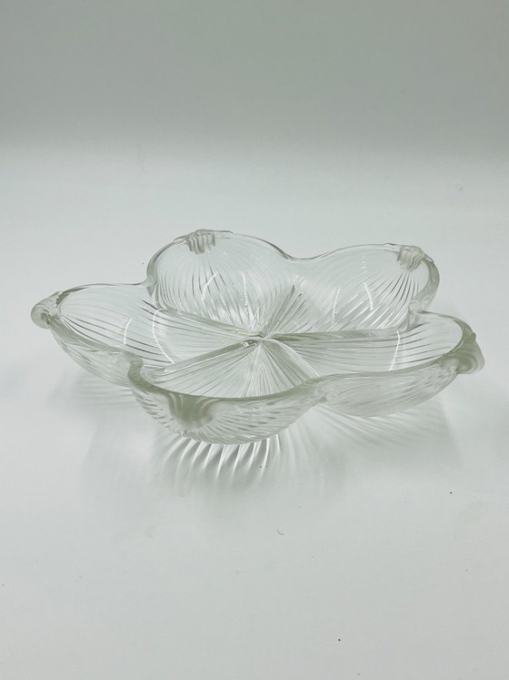 Image 1 of Art Deco molded glass dish with flower