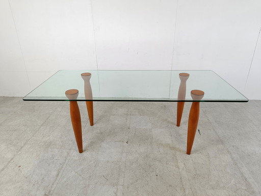 Table de salle à manger italienne vintage en verre et bois