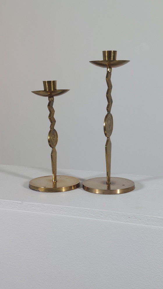 Image 1 of Pair of patinated vintage brass candlesticks, Memphis style, 1980s