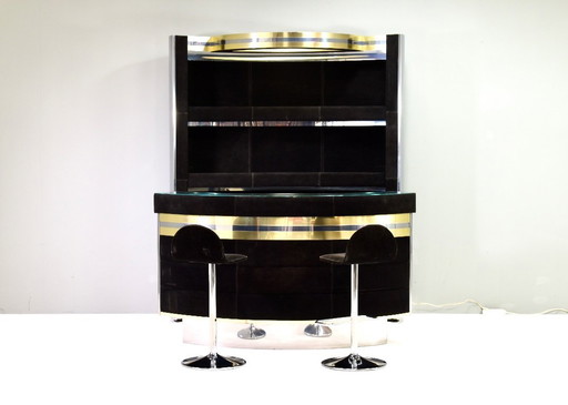 Cocktail Bar in Black Suede, Brass and Chrome by or in the Style of Willy Rizzo – Italy, 1970’s