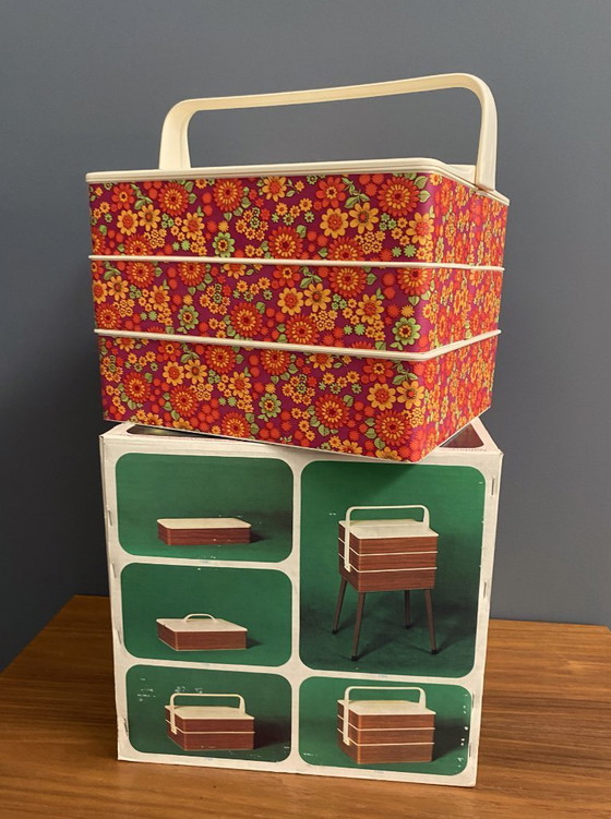 Image 1 of 1970s plastic sewing box with flowerprint in original box