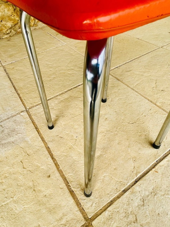Image 1 of Mid-Century, Orange Skaï and Chrome Stool By J L 1970s