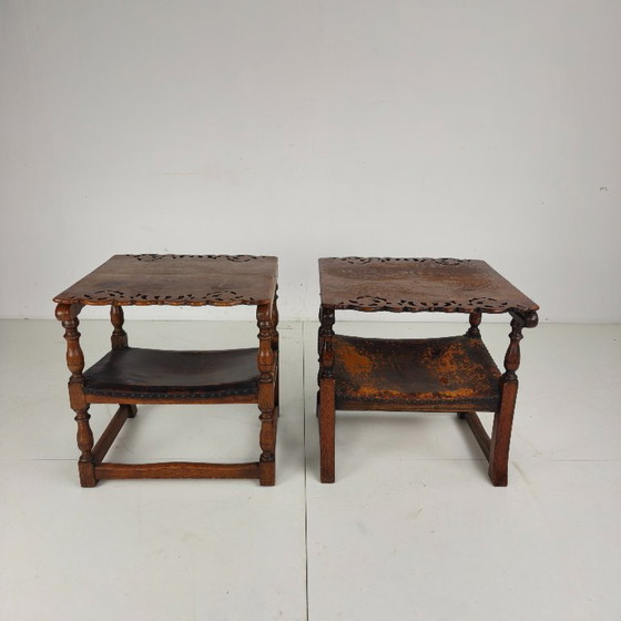 Pair of English Antique Jacobean Monk Armchairs / Tables by F. Parker & Sons Ltd – Wood, Leather (photo 5 of 16)