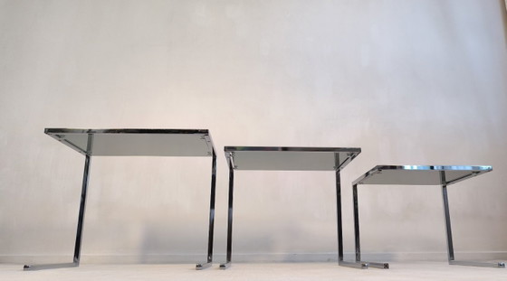 Image 1 of 😍✨ Set of 3 vintage chrome and smoked glass nesting tables, Roche Bobois / Guy Lefèvre style – 1970s ✨😍
