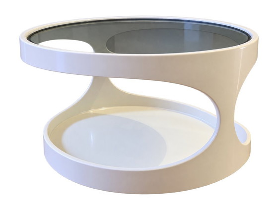 Two round side tables with white frame and smoked glass top, NEBU Holland, Coffee tables, Plastic, Space Age (photo 2 of 6)