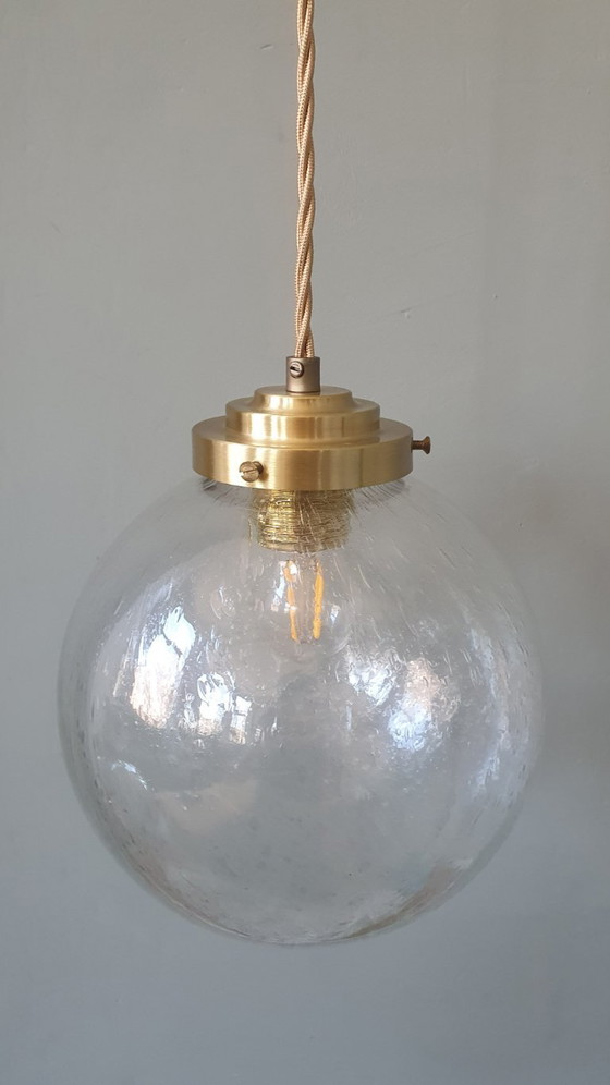 Image 1 of Vintage plafond hanglamp van getextureerd / bubbelglas - Mid Century
