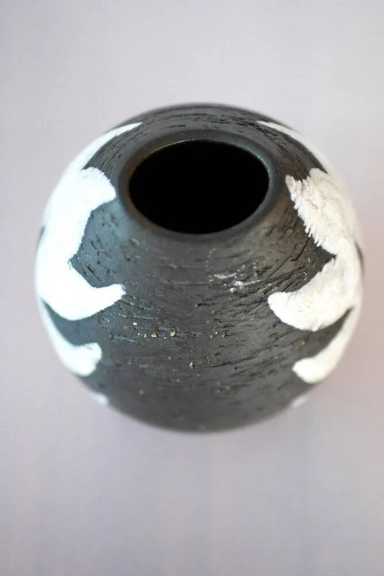 Image 1 of Vintage Danish pottery vase with graphic monochrome design and glazing from Helge Österberg