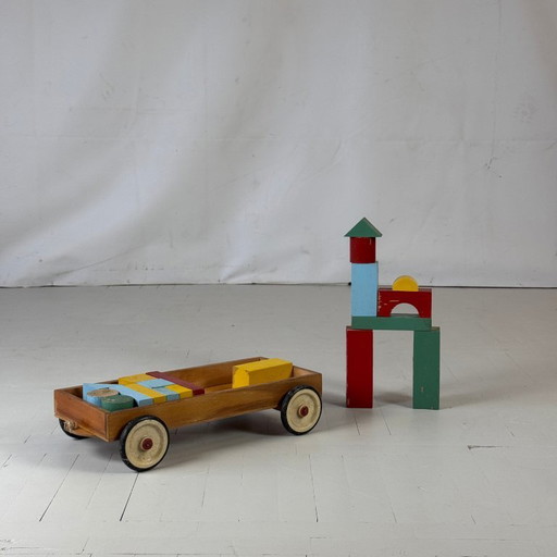 Mid-Century Kids Toy Colorful Building Bricks in Wooden Cart
