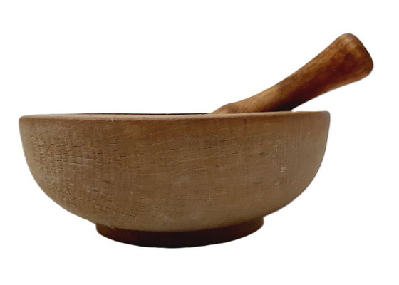 Image 1 of Vintage houten brede kom en stamper, houten vijzel