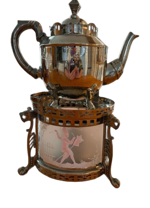 Antique Silvered Teapot With Glass Rechaud