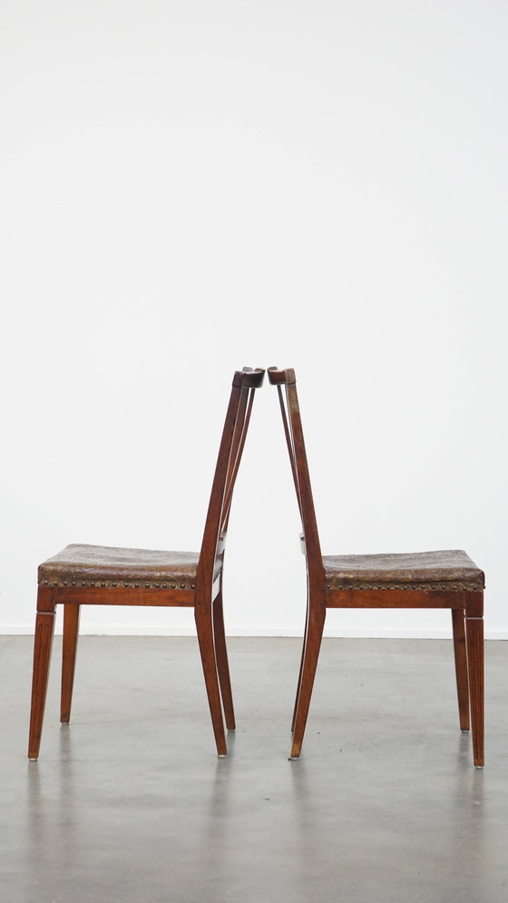 Image 1 of 6 x Leder-Esszimmerstuhl mit Holz