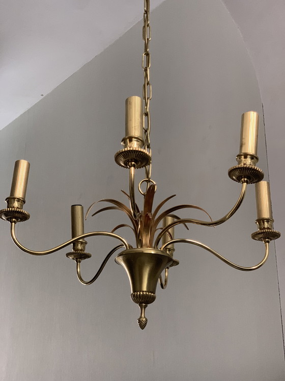 Image 1 of Lámpara de araña estilo Hollywood Regency de latón con forma de palmera, de SA Boulanger, Bélgica, década de 1970.
