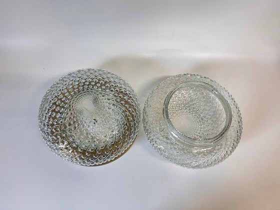 Image 1 of 2x grote vintage plafondlamp helder bubbel glas met goudkleurige rand