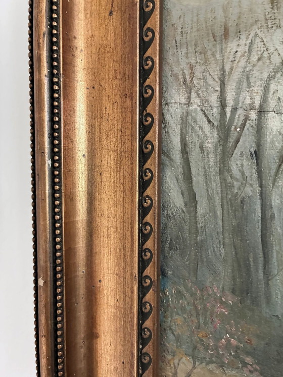 Image 1 of Peinture à l'huile originale ancienne représentant un paysage forestier, vers 1910
