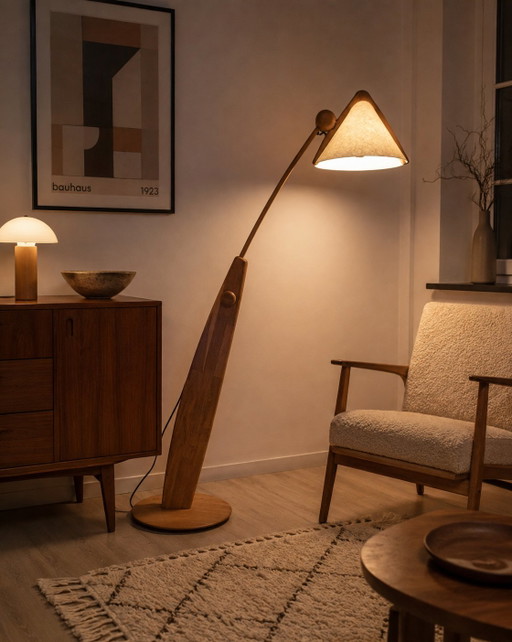 DOMUS 6703 – Zeldzame verstelbare eikenhouten vloerlamp | Vintage Duits design – vloerlampen, Paper, Wood (photo 2 of 14)
