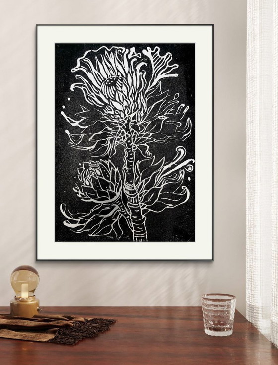 Image 1 of  Protea, Linogravure - A3 Encre noire sur papier blanc - Art botanique imprimé à la main - Edition limitée