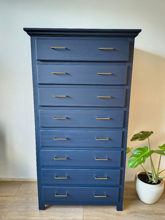 Solid Oak Chest of Drawers – Dark Blue & Gold – Wood (photo 3 of 10)