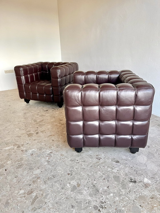 Image 1 of 2 Kubus loungestoelen | Josef Hoffmann-stijl | Donkerbruin leer