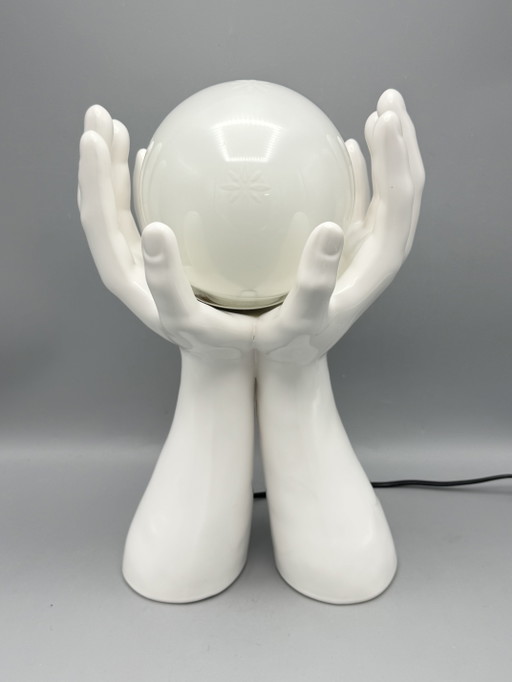 80s Design Table Lamp With Hands And Glass Sphere