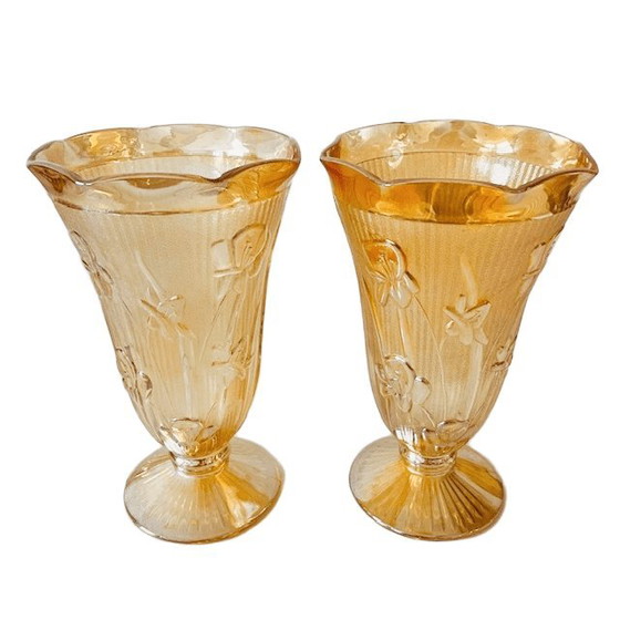 Image 1 of Vintage Paar Jeanette Karnevalsglas-Pfirsichvasen Art Deco 1930er Jahre