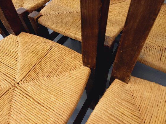 Image 1 of Set of 6 vintage brutalist chairs in solid oak and straw from the 60s