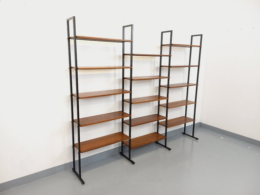 Vintage Italian triple modular bookcase in teak and metal from the 1960s