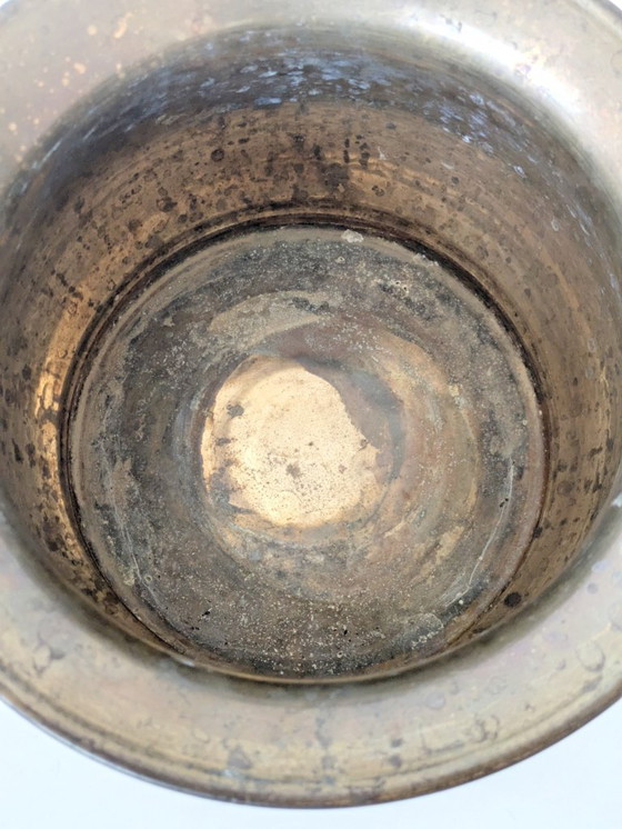 Image 1 of Vintage Hammered Brass Cachepot Planter with Ornate Handles and Age Patina