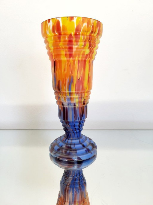 Art Deco vaas, “spatter”, Boheems glas, Wilhelm Kralik Söhne, Tsjechië, 1930