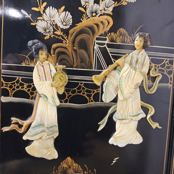 Image 1 of Vintage Chinese Lacquer Secretary / Desk with Mother-of-Pearl Overlay / Bohemian / Oriental Cabinet