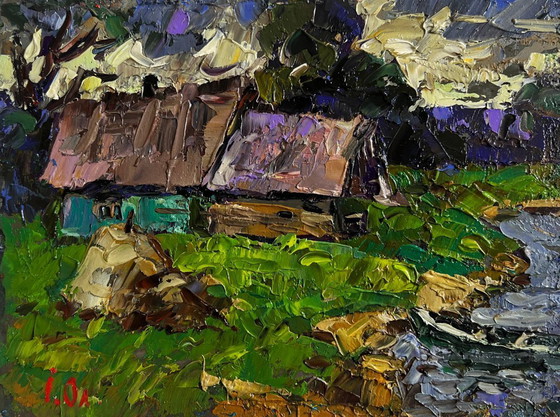 Image 1 of Original Oil Painting Sunset Village Landscape Evening cold breeze