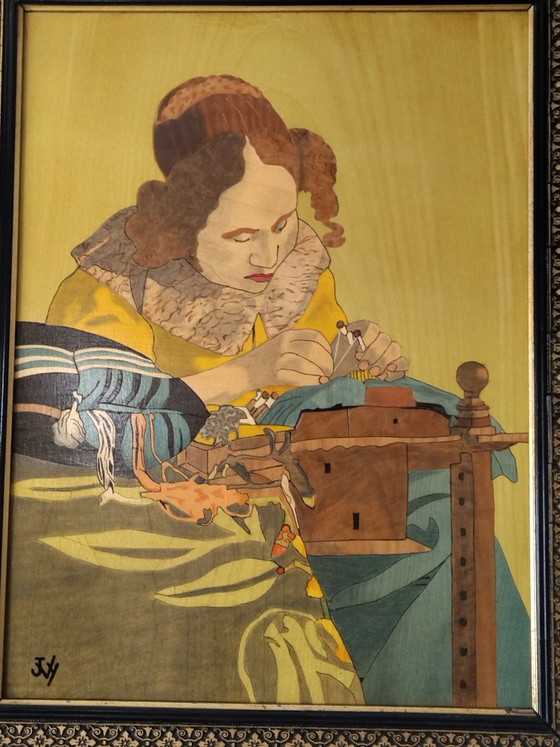 Vintage Wooden Painting The Lacemaker Vermeer 51x40cm, Art, Black (photo 5 of 11)