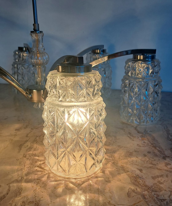 Image 1 of Lampadario vintage a 6 bracci in vetro e metallo, lampada a sospensione con attacco normale