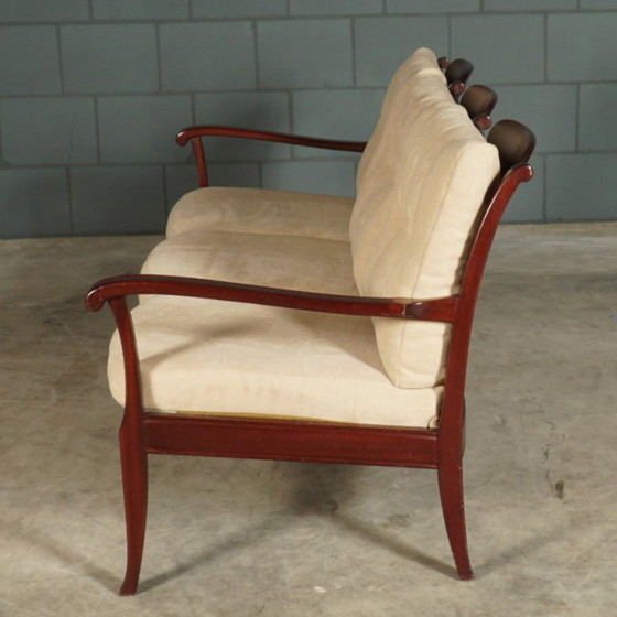 Vintage driezitsbank – mahoniehout – jaren 60/70 – 3-5 zitsbanken, Textile (photo 6 of 10)