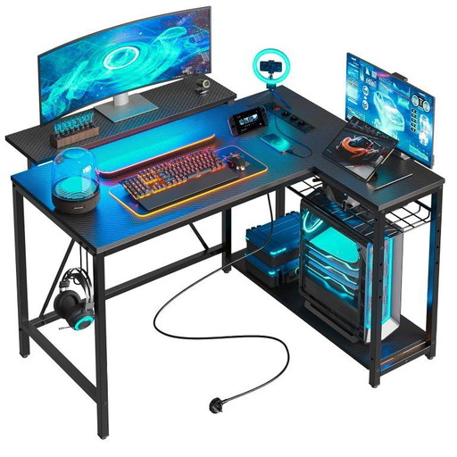 Five Stars® L-Shaped Game Desk - 107x80x76 cm - Game Desk with LED Lighting - Black Carbon - Corner Desk