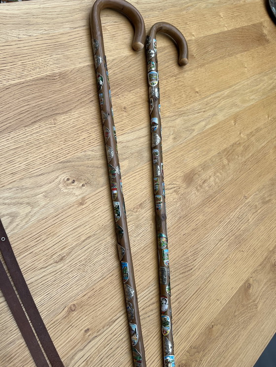Image 1 of Two nostalgic walking sticks with enameled coats of arms from all over Europe