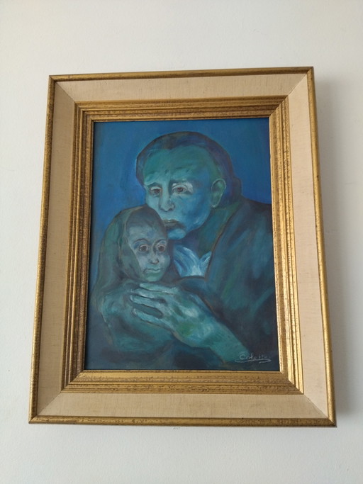 Vintage painting from the 1960s/70s, inspired by Picasso's Blue Period, signed Colette, 51x41 cm