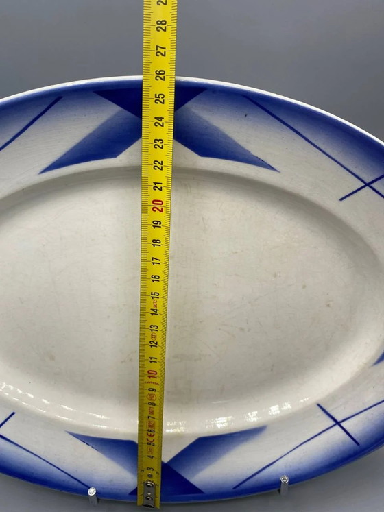 Digoin Sarreguemines Oval Faience Platter, Artix Collection, Cobalt Blue Geometric Design, Art Deco Airbrush (photo 6 of 6)