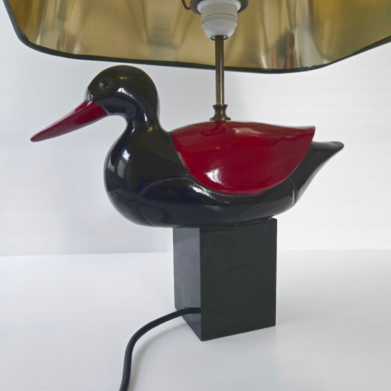 Image 1 of Vintage 1970s Italian Duck Table Lamp, Black & Burgundy Lacquered Wood