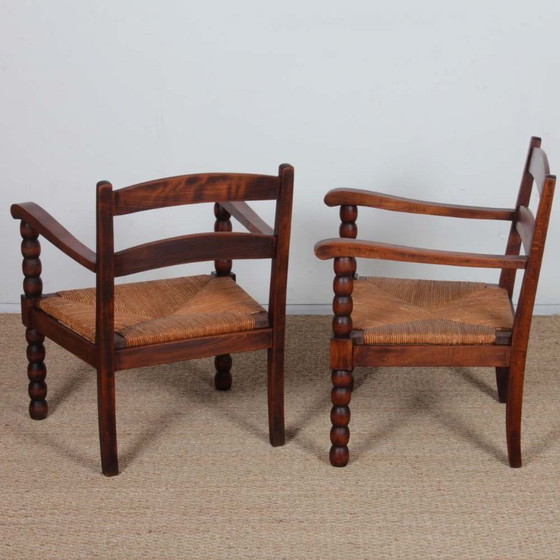 Image 1 of Coppia di poltrone in rovere e paglia degli anni '40