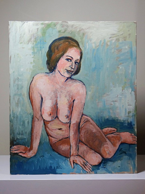 Image 1 of Vintage seated nude portrait painting, modern oil on canvas board