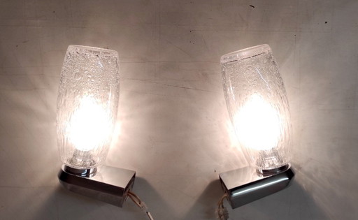 Designer-Wandleuchten aus verchromtem Metall und mit gewölbten Glasschirmen von Keuco (Deutschland) – 1960er/70er Jahre