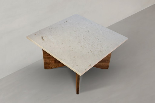 Couchtisch quadrata Crema Perla aus Naturstein und Massivholz Eiche
