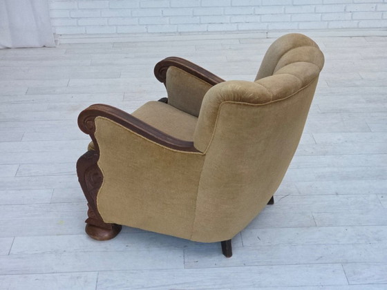 Image 1 of 1960s, Danish armchair, original green furniture velour, carved oak wood.