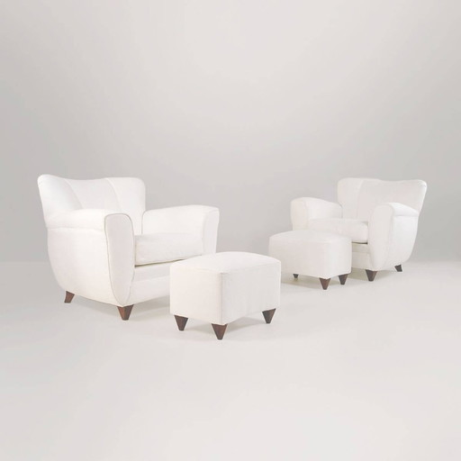 2x Fauteuils Vintage et Paire de Poufs en Tissu Blanc