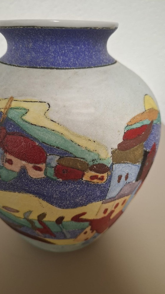 Image 1 of Hand-Painted Ceramic Vase – Colorful Village Scene – Signed Limosse
